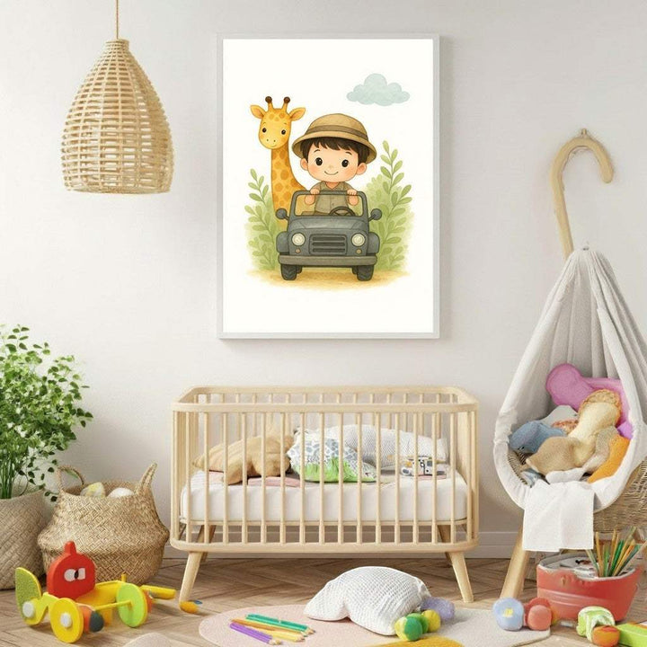 Wadi Home Safari Adventure nursery art featuring a boy in a safari hat driving a jeep with a giraffe, watercolor style.