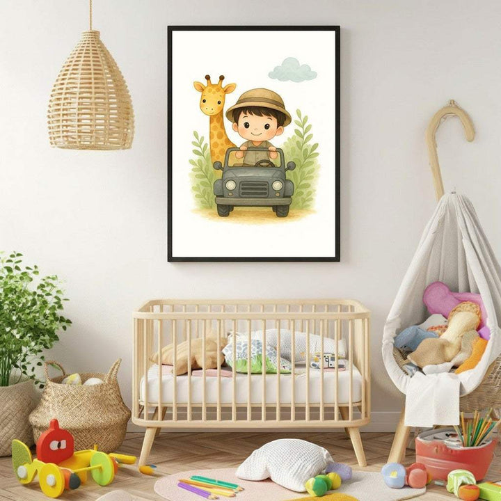 Wadi Home Safari Adventure nursery art featuring a boy in a safari hat driving a jeep with a giraffe. Watercolor style.