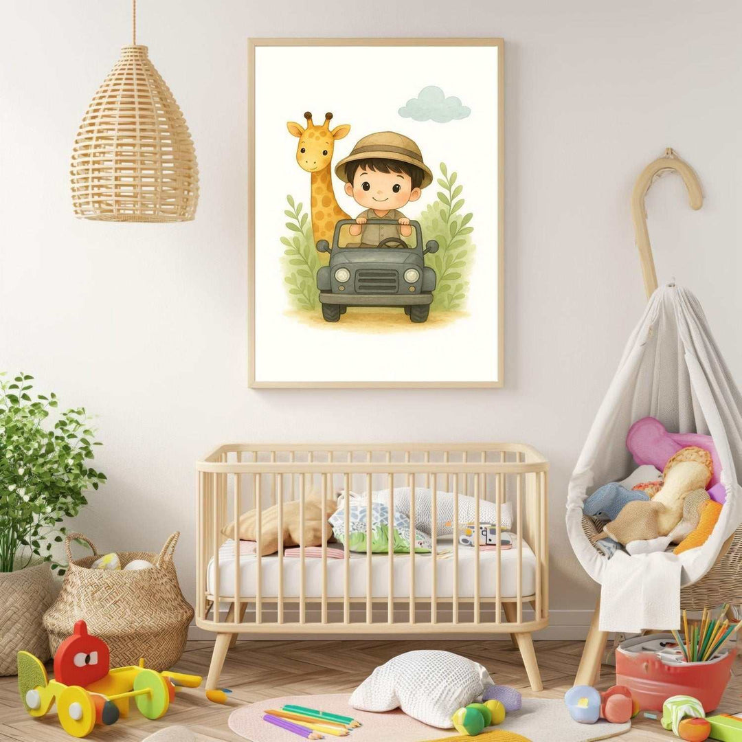 Wadi Home Safari Adventure nursery art featuring a boy in a safari hat driving a jeep with a giraffe. Watercolor style.