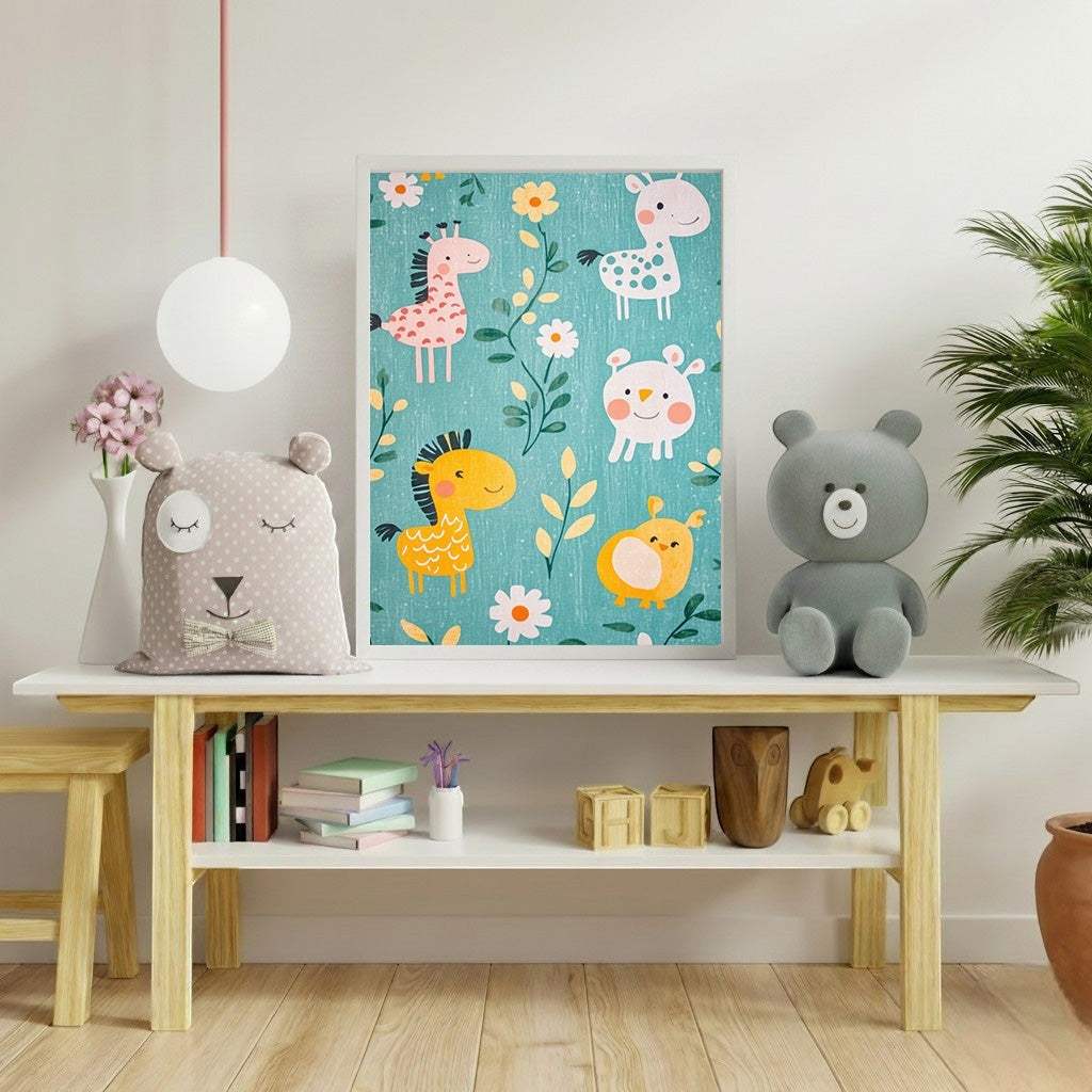 Wadi Home Whimsical Safari Animal Nursery Art print featuring giraffes, hippos, and bunnies on a teal background with floral accents.