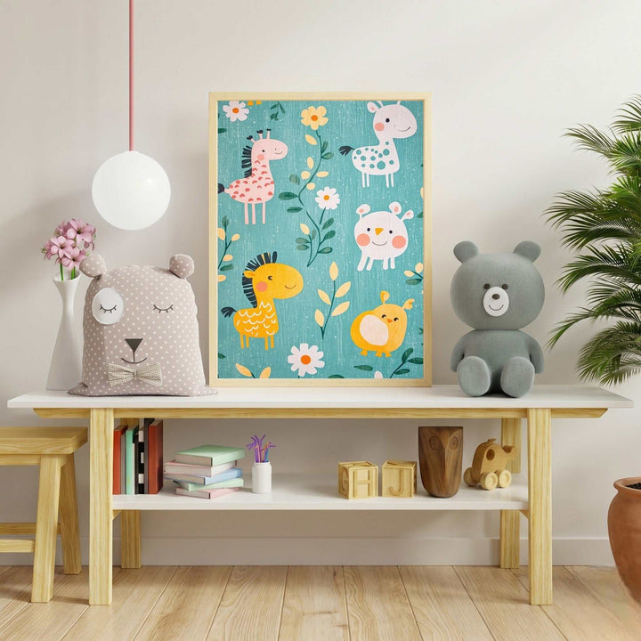 Wadi Home Whimsical Safari Animal Nursery Art featuring giraffes, hippos, and birds on a teal background with floral accents.