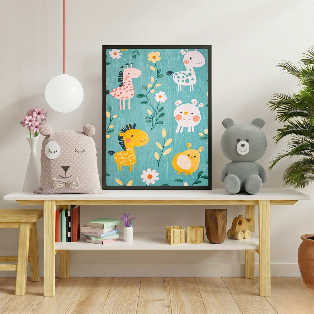 Wadi Home whimsical safari animal nursery art print featuring giraffes, hippos, and bears on a teal background with floral accents.