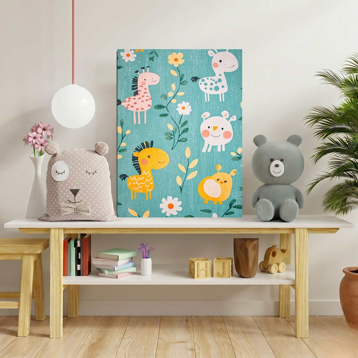 Wadi Home whimsical safari animal nursery art print with giraffes, hippos, and birds on a teal background with floral accents.