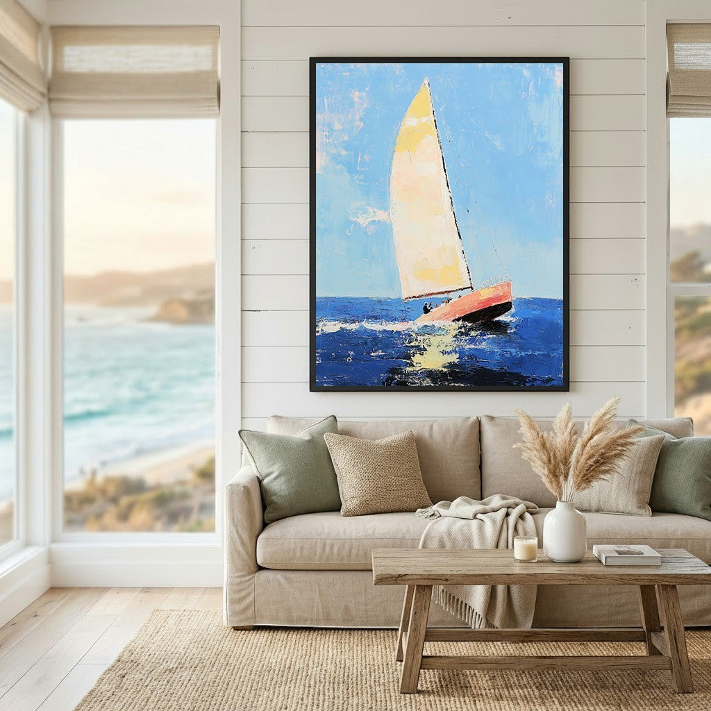 Wadi Home sailboat nautical canvas print with textured blue ocean and yellow sail hanging above a beige living room sofa