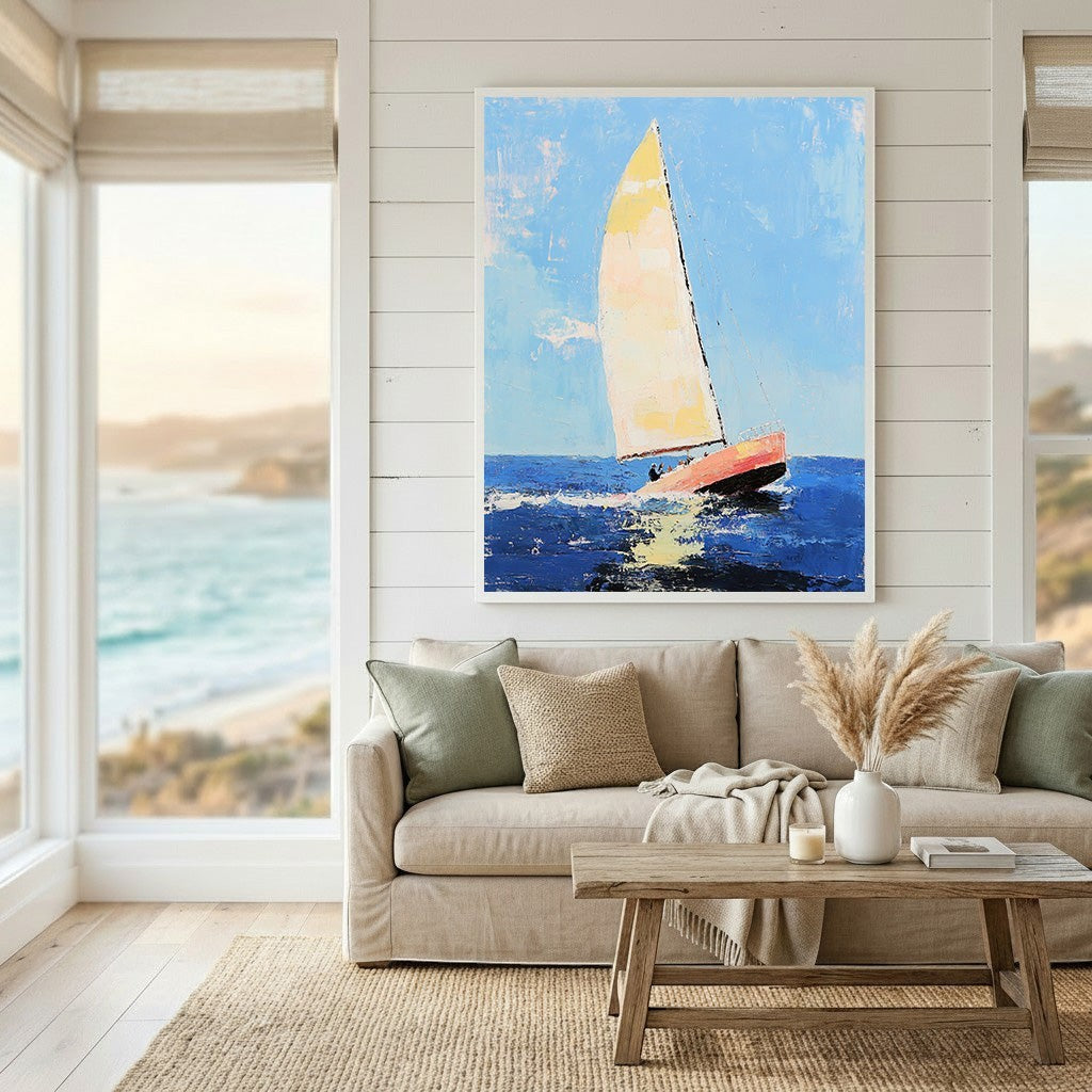 Wadi Home sailboat canvas print with textured blue ocean and yellow sail hanging above a neutral living room sofa.