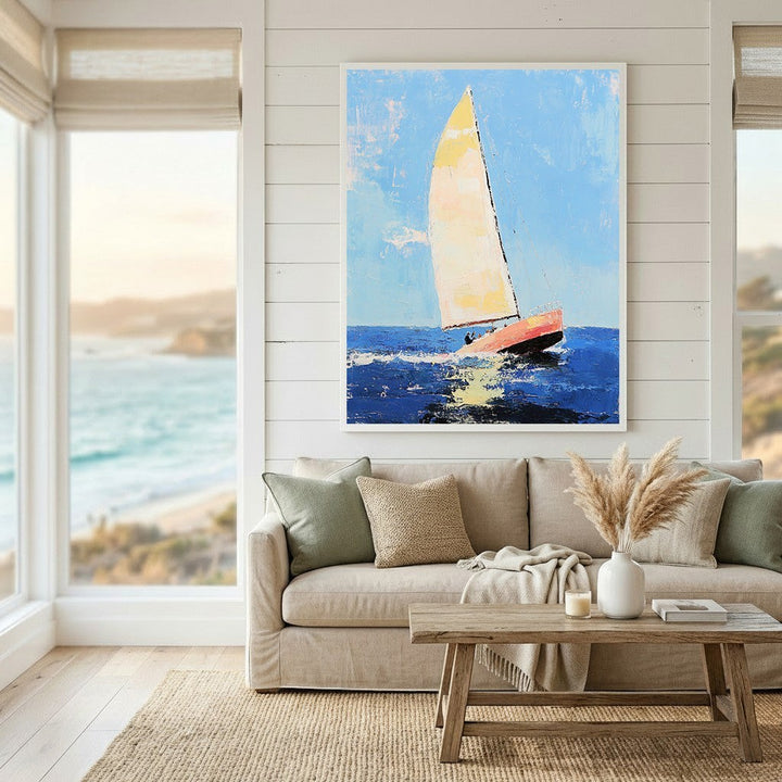 Wadi Home sailboat canvas print with textured blue ocean and yellow sail hanging above a neutral living room sofa.