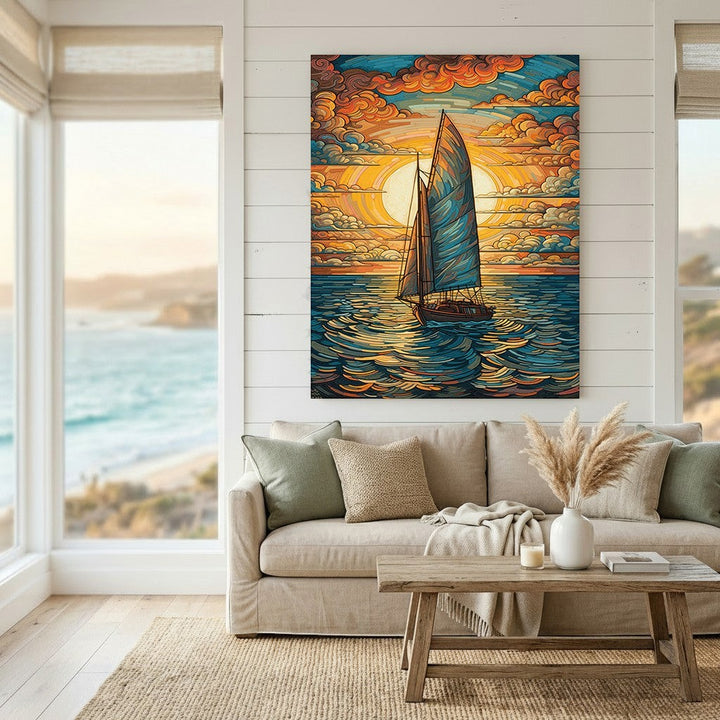 Wadi Home sailboat at sunset canvas wall art featuring vibrant orange and blue tones in a modern living room setting.