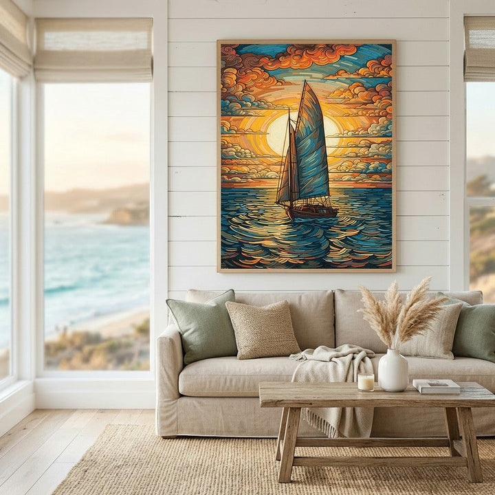 Wadi Home sailboat at sunset canvas art hanging above a beige sofa in a coastal living room.