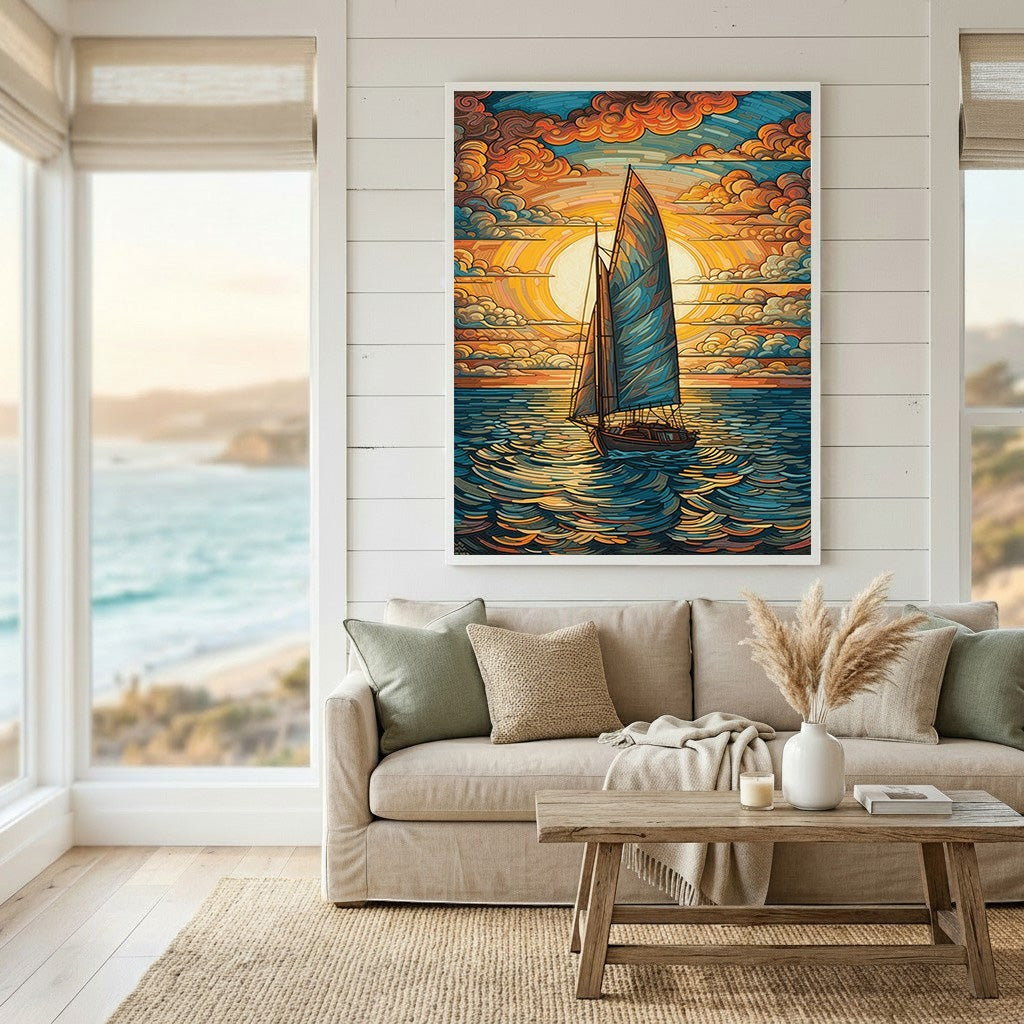 Wadi Home sailboat at sunset canvas wall art hanging above a beige sofa in a coastal living room.