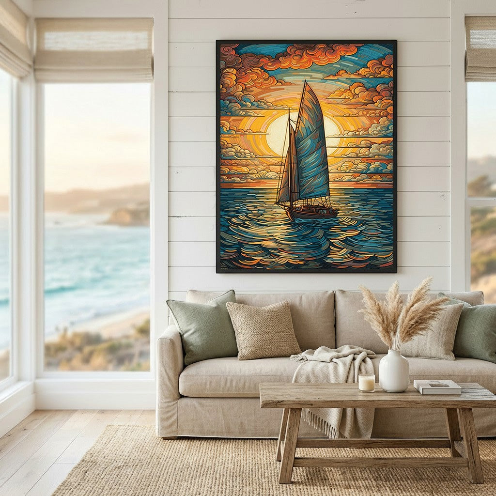 Wadi Home sailboat at sunset canvas wall art with vibrant orange and blue tones hanging above a modern living room sofa