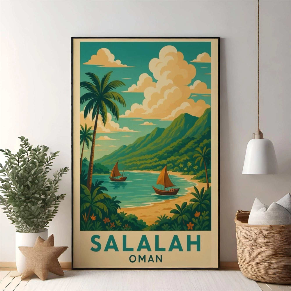 Wadi Home Salalah Oman travel poster featuring a tropical beach scene with palm trees, sailboats, and lush green mountains under a cloudy sky.