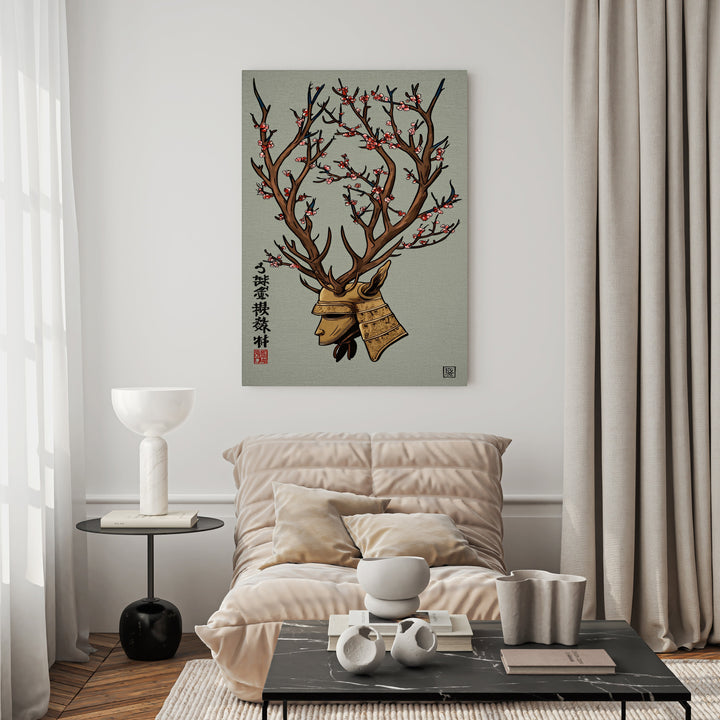 Wadi Home Samurai Deer Wall Art featuring a deer with samurai helmet and cherry blossoms, in muted earthy tones with red accents.
