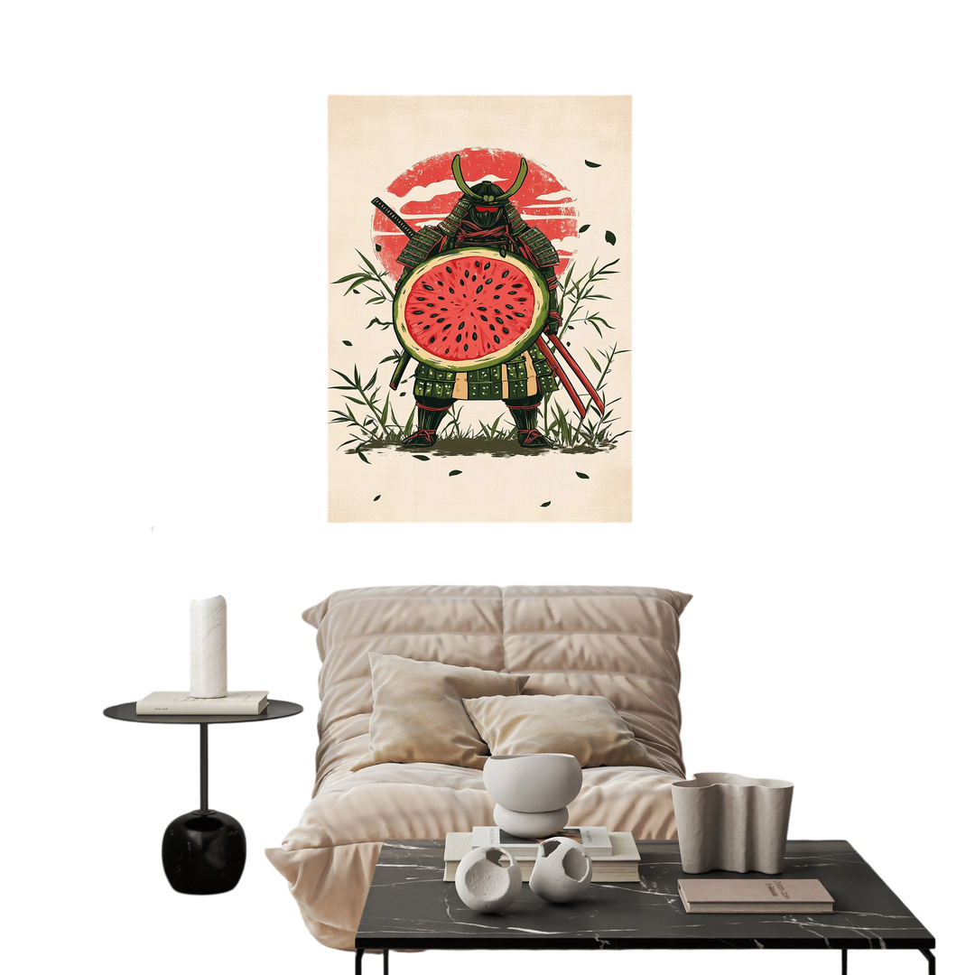 Wadi Home art print of a samurai warrior in green armor holding a watermelon slice shield, with bamboo and a red sun.