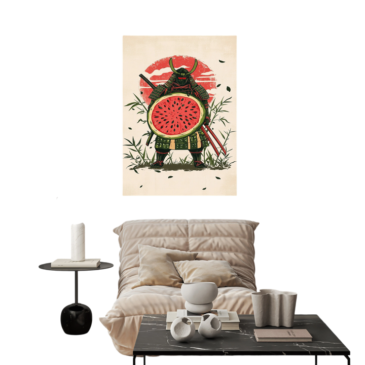 Wadi Home art print of a samurai warrior in green armor holding a watermelon slice shield, with bamboo and a red sun.