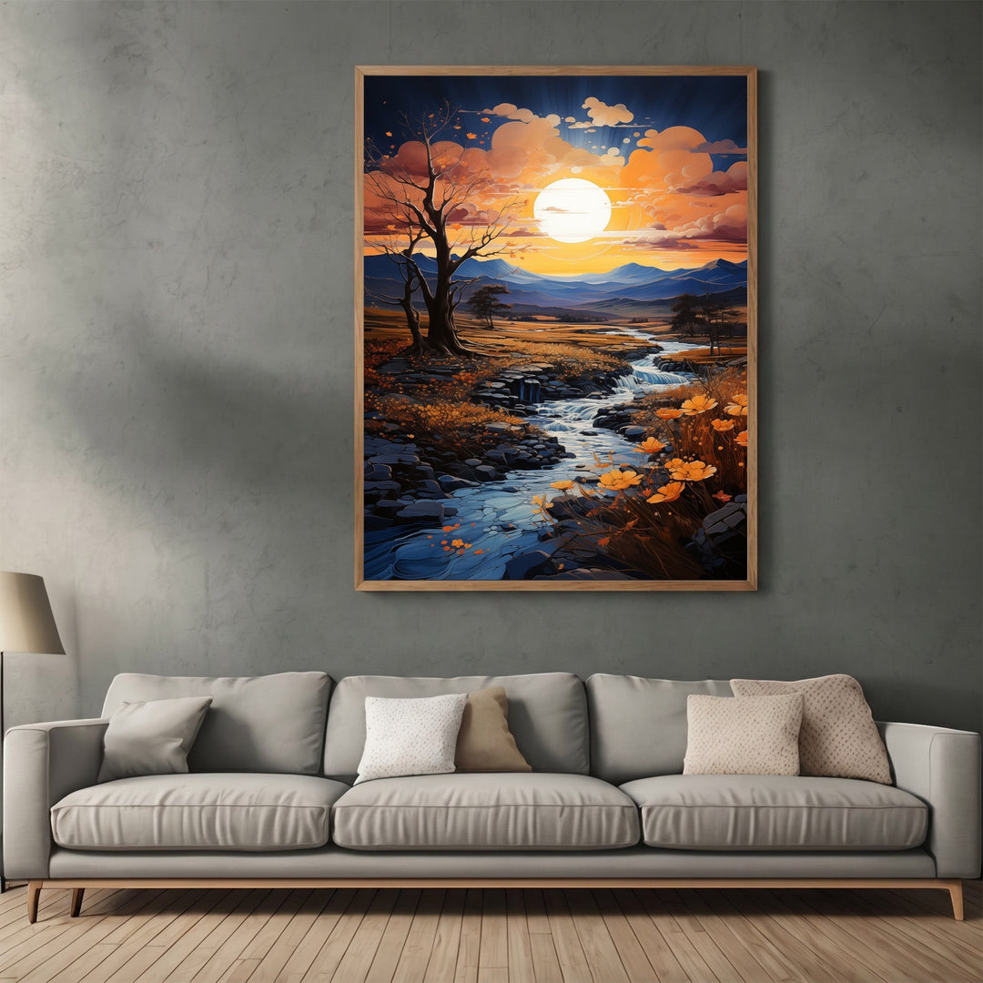 Wadi Home scenic landscape wall art print featuring a sunset over a stream and hills in a modern living room.