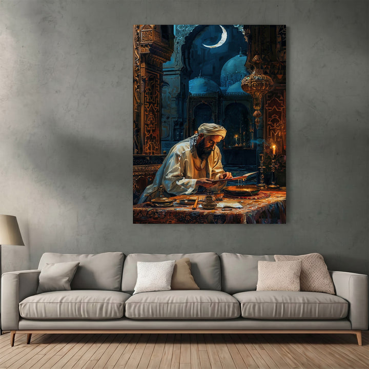 Wadi Home traditional scholar reading wall art print featuring a man studying by candlelight in a moonlit setting.