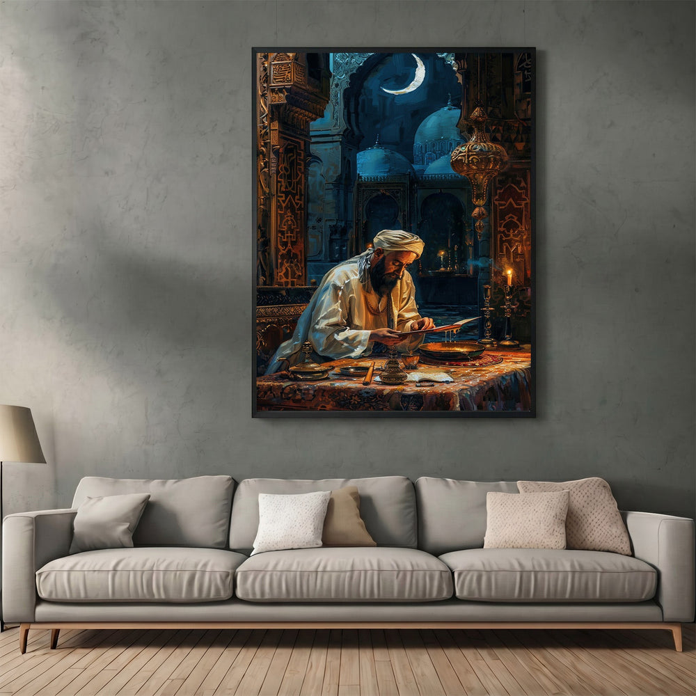 Wadi Home traditional scholar reading wall art print featuring a man studying by candlelight above a modern grey sofa.