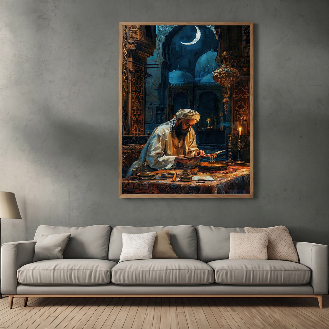 Wadi Home traditional scholar reading wall art print featuring a man studying by candlelight in a moonlit setting.