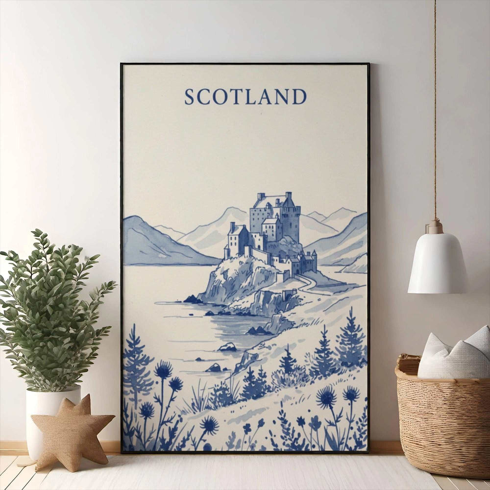 Wadi Home Scottish castle landscape artwork in blue and white, depicting a castle on a cliff overlooking water with mountains in the background.