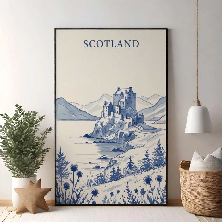 Wadi Home Scottish castle landscape artwork in blue and white, depicting a castle on a cliff overlooking water with mountains in the background.