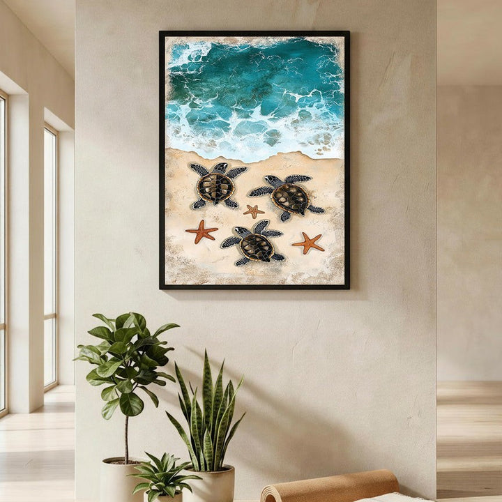 Wadi Home sea turtle beach wall art with three turtles and starfish on sand with ocean waves.