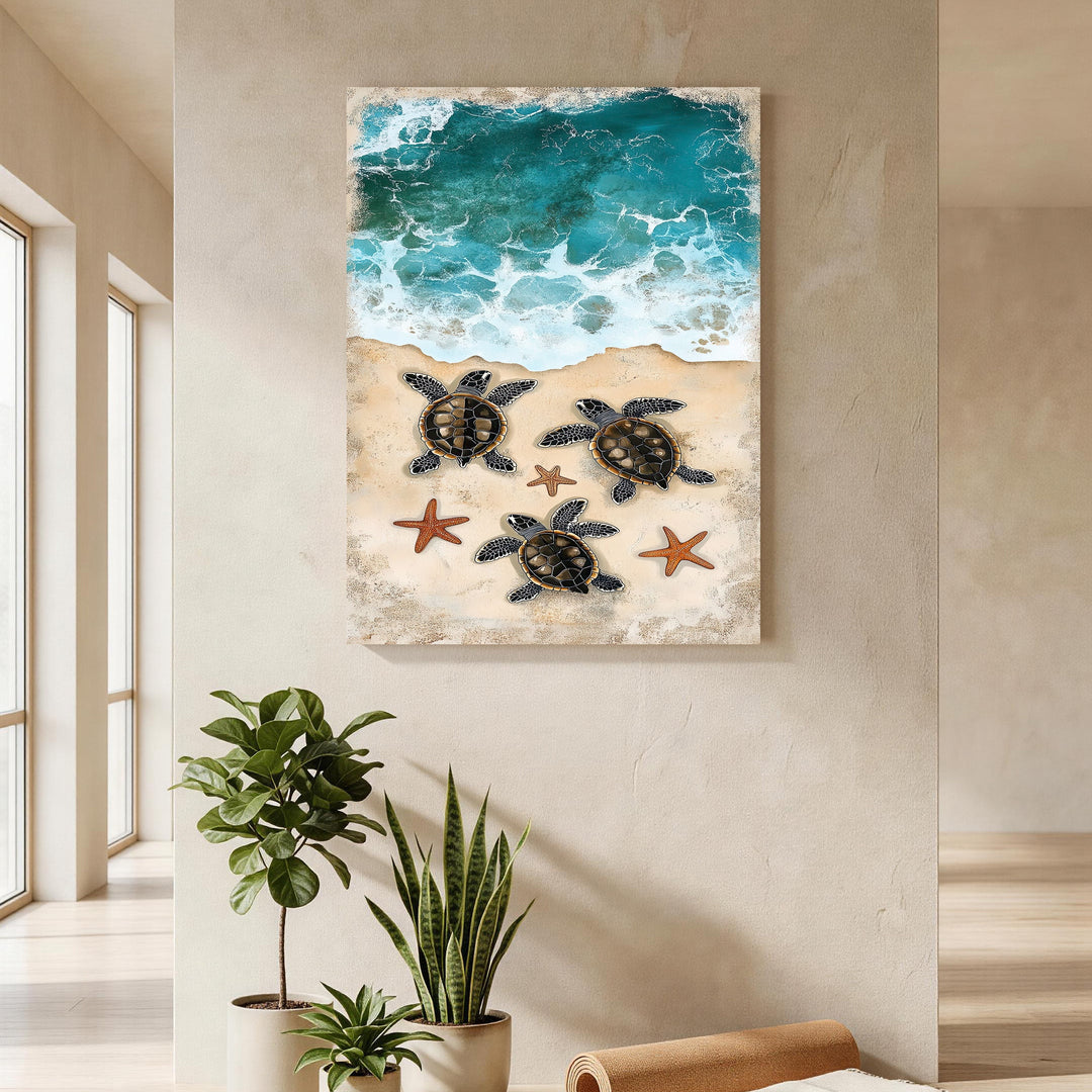 Wadi Home sea turtle beach wall art with three turtles and starfish on sand with ocean waves.