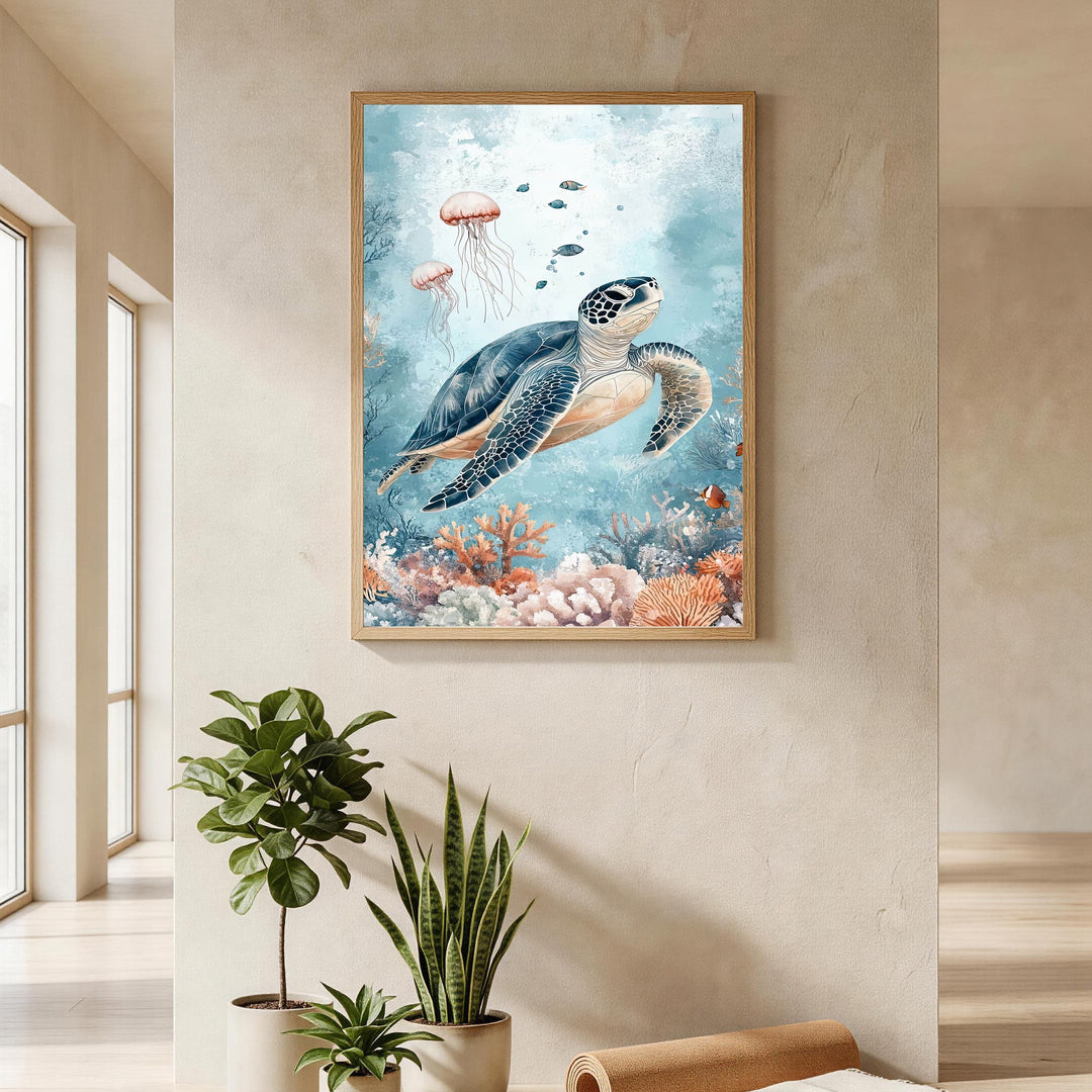 Wadi Home watercolor art print of a sea turtle swimming with jellyfish and coral reef. Coastal decor.
