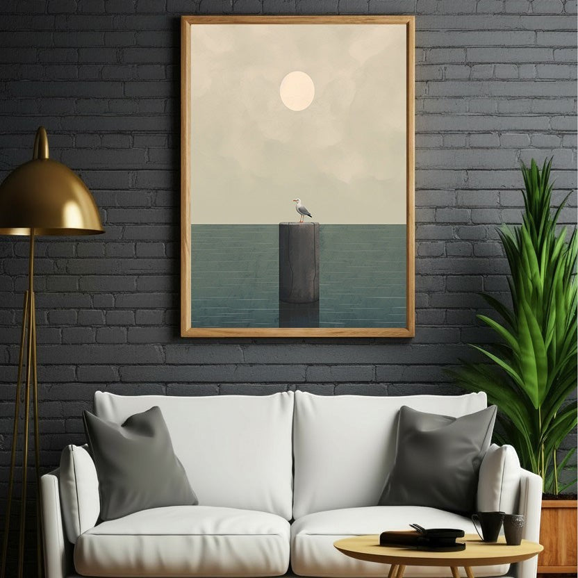 Wadi Home minimalist seagull artwork on weathered post, muted colors, serene coastal scene. Wood frame.