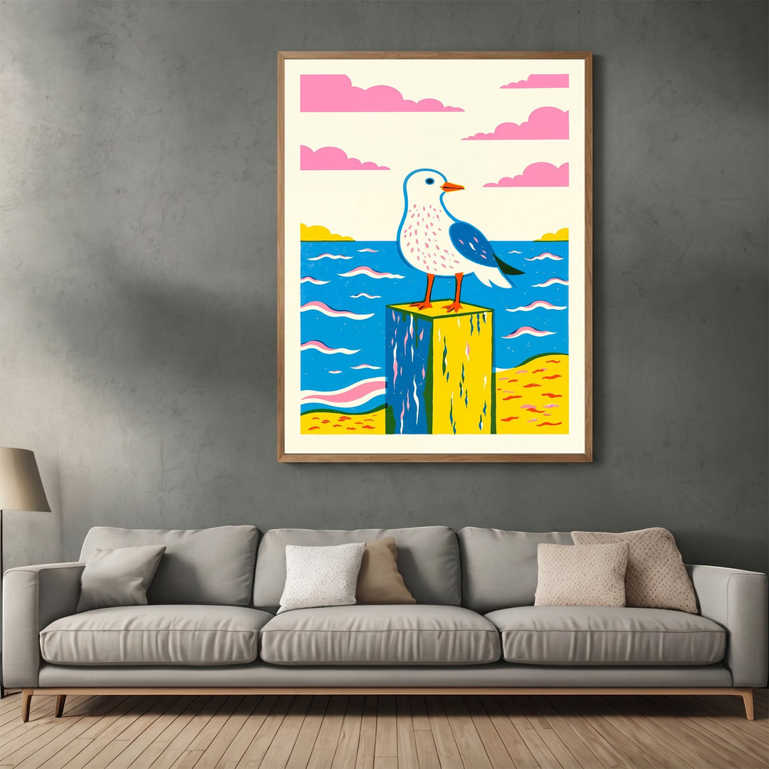 Wadi Home seaside seagull illustration wall art print featuring a stylized bird on a post with pink clouds and blue sea.