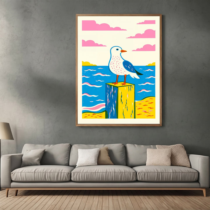 Wadi Home seaside seagull illustration wall art print featuring a stylized bird on a post with pink clouds and blue sea.
