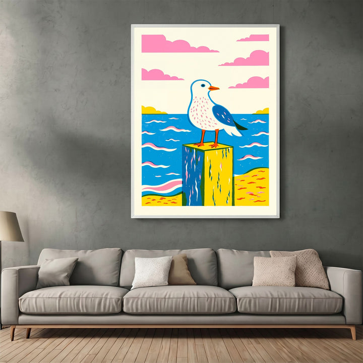 Wadi Home seaside seagull wall art print featuring a stylized bird on a post with pink clouds and blue ocean