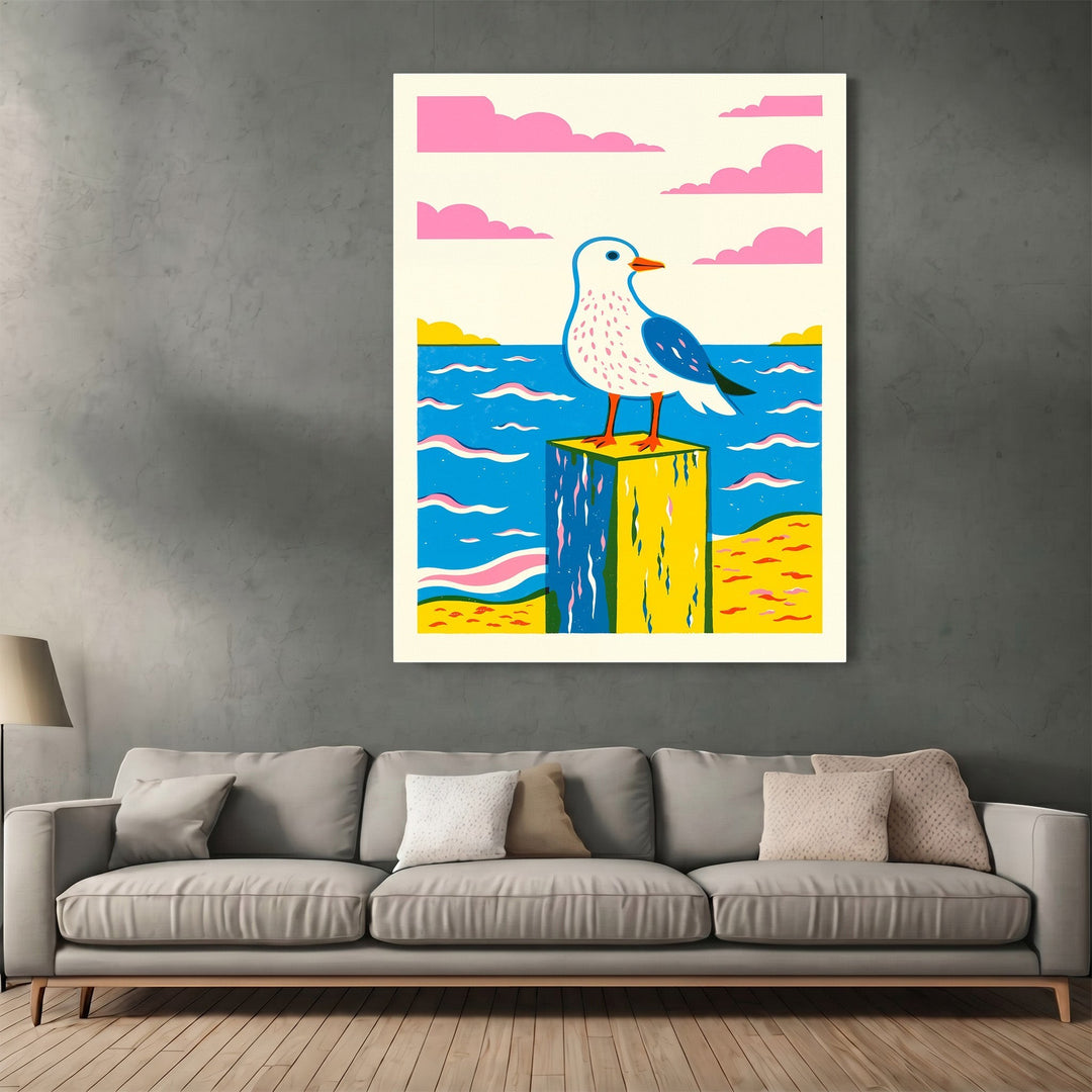 Wadi Home seaside seagull illustration wall art print featuring a stylized bird on a post above a blue ocean.