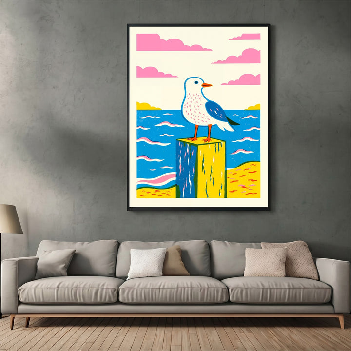 Wadi Home seaside seagull wall art print featuring a stylized bird on a post with blue ocean and pink clouds.