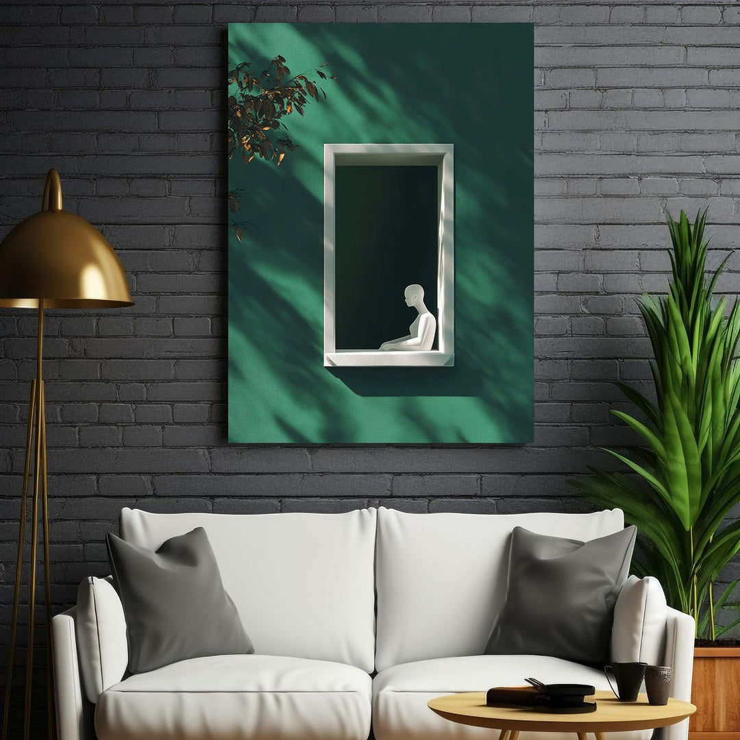 Wadi Home minimalist wall art featuring a white figure in a window frame against a deep green background with dramatic shadows.