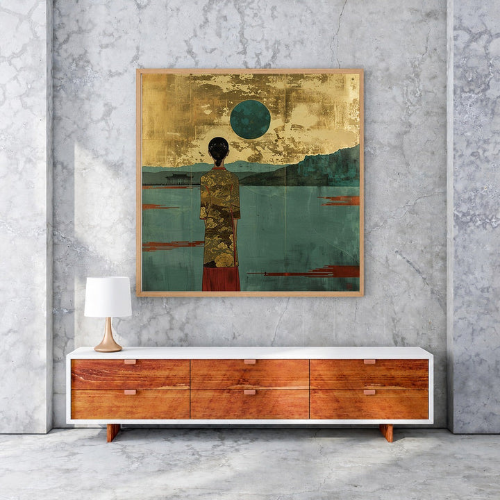 Wadi Home framed wall art depicting a figure in a kimono facing a teal moon over a serene landscape with gold accents.