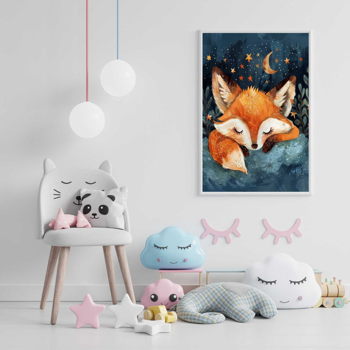 Wadi Home framed wall art of a sleeping fox on a cloud under a starry night sky with a crescent moon.