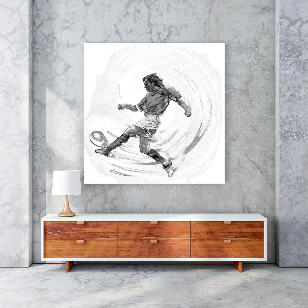 Wadi Home black and white sketch artwork of a soccer player in mid-kick action, conveying motion and energy.