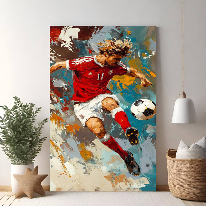 Wadi Home dynamic soccer player action painting in red and white uniform, vibrant brushstrokes, athletic art.