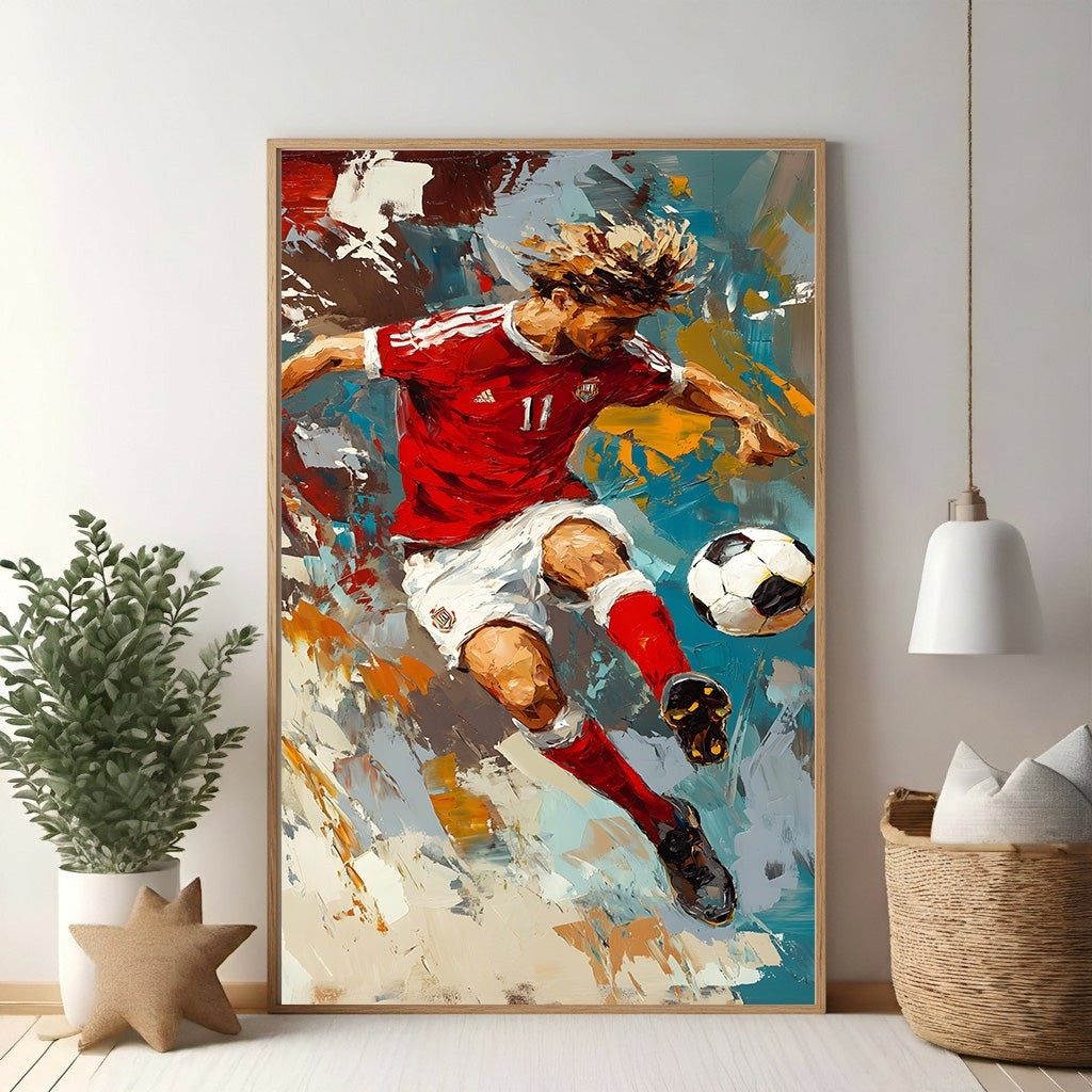 Wadi Home dynamic soccer player action painting in red and white, with energetic brushstrokes and vibrant colors.