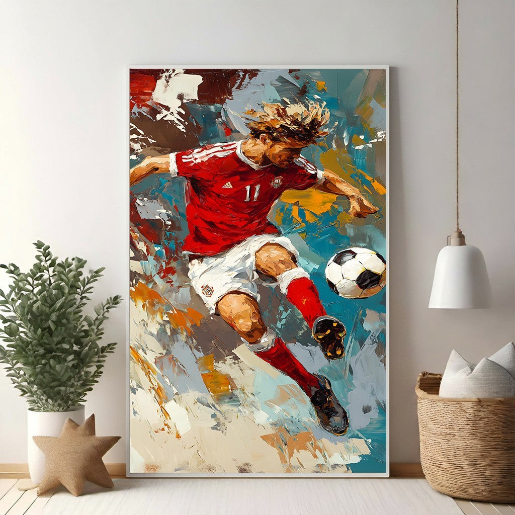 Wadi Home dynamic soccer player action painting in red and white, energetic brushstrokes, bold art for sports enthusiasts.