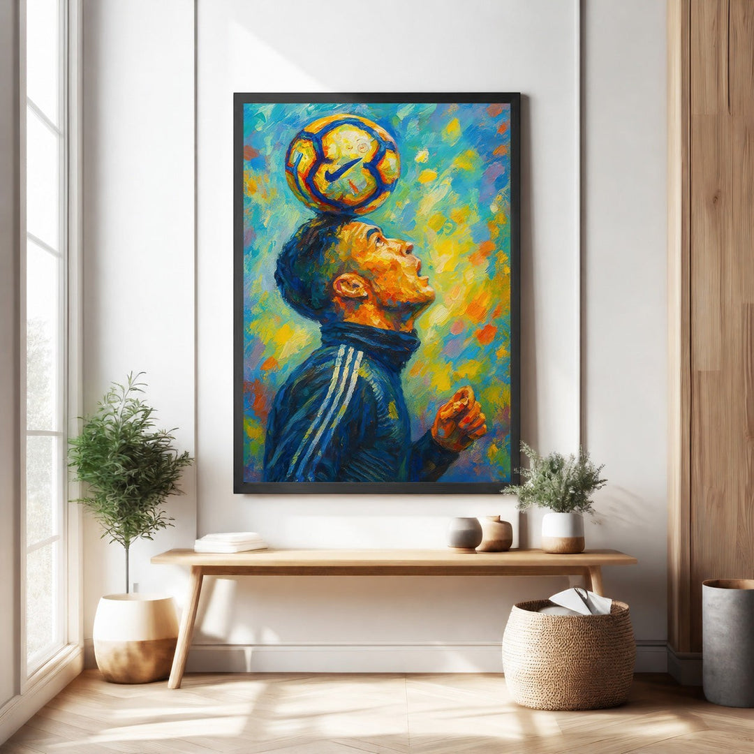 Wadi Home framed art print of a soccer player balancing a ball on his head, vibrant abstract background.