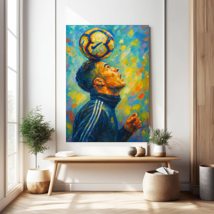 Wadi Home framed print of a soccer player balancing a ball on his head, vibrant abstract background.