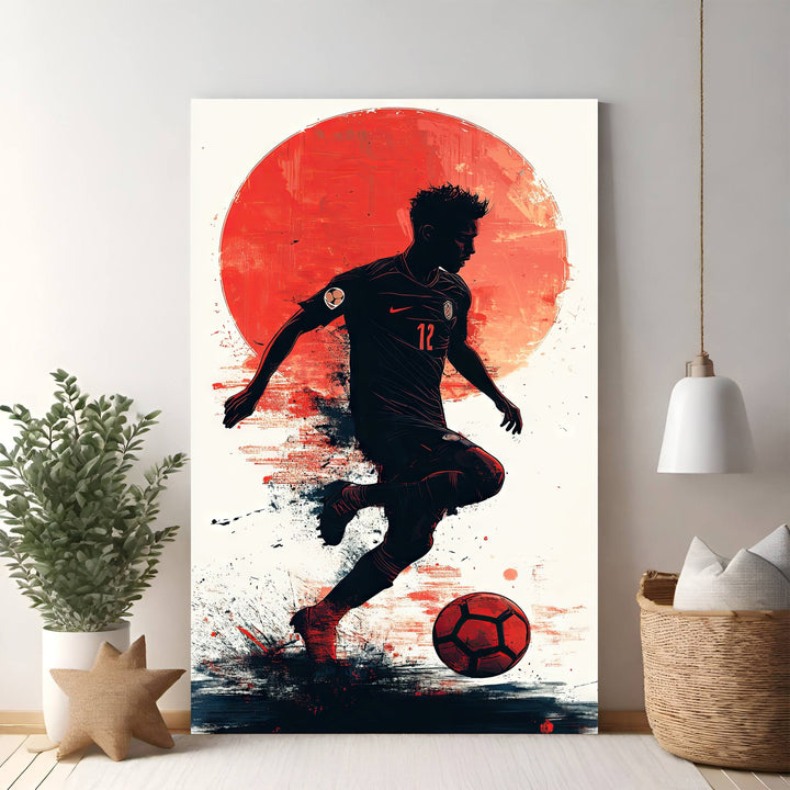 Wadi Home dynamic soccer player silhouette art, black silhouette against red sun, abstract splashes, football art.
