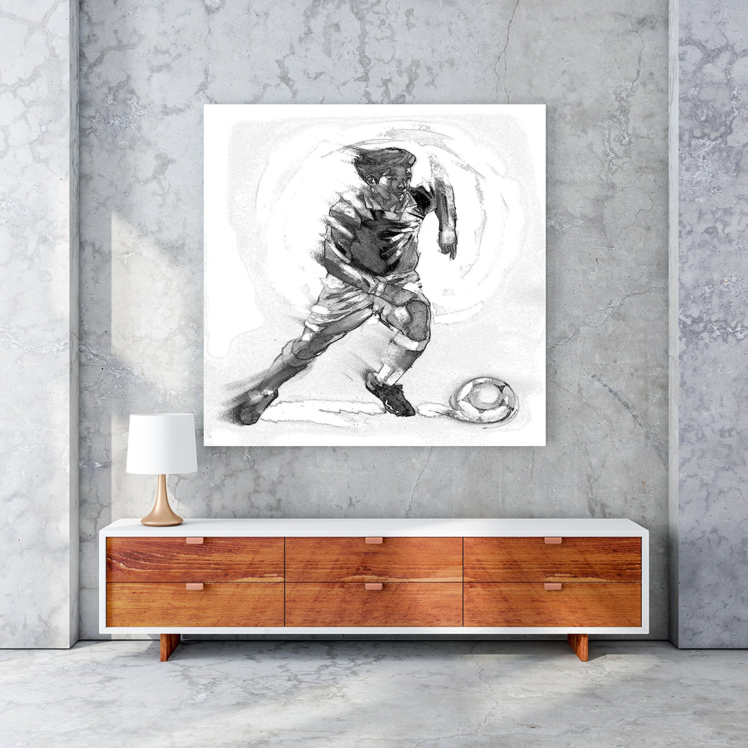 Wadi Home black and white sketch artwork of a soccer player in motion with a ball.