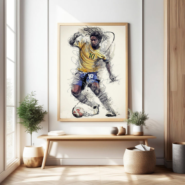 Wadi Home dynamic soccer player sketch wall art, yellow jersey, blue shorts, textured background, framed.