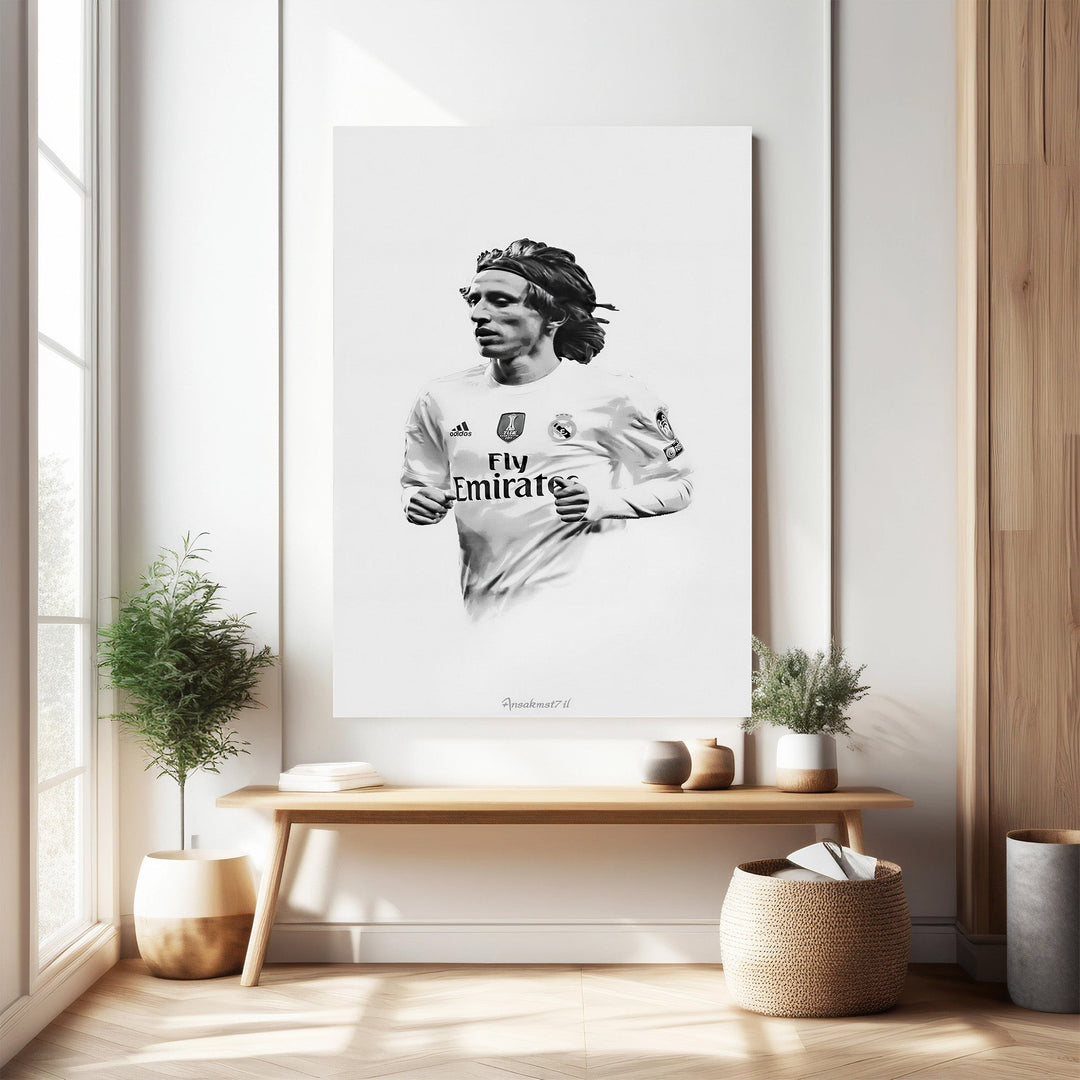 Wadi Home black and white portrait wall art of a soccer player in a white jersey with 'Fly Emirates' logo.
