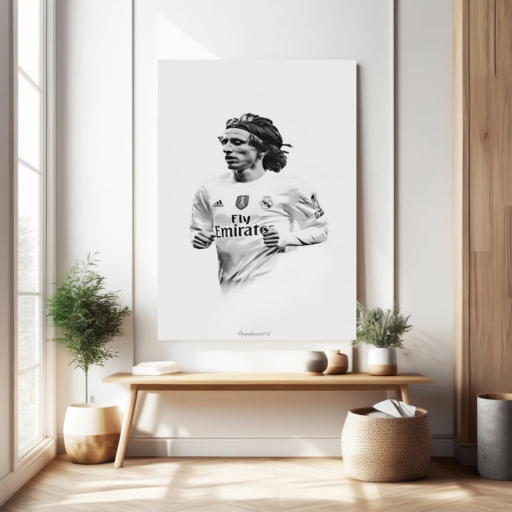 Wadi Home black and white portrait wall art of a soccer player in a white jersey with 'Fly Emirates' logo.
