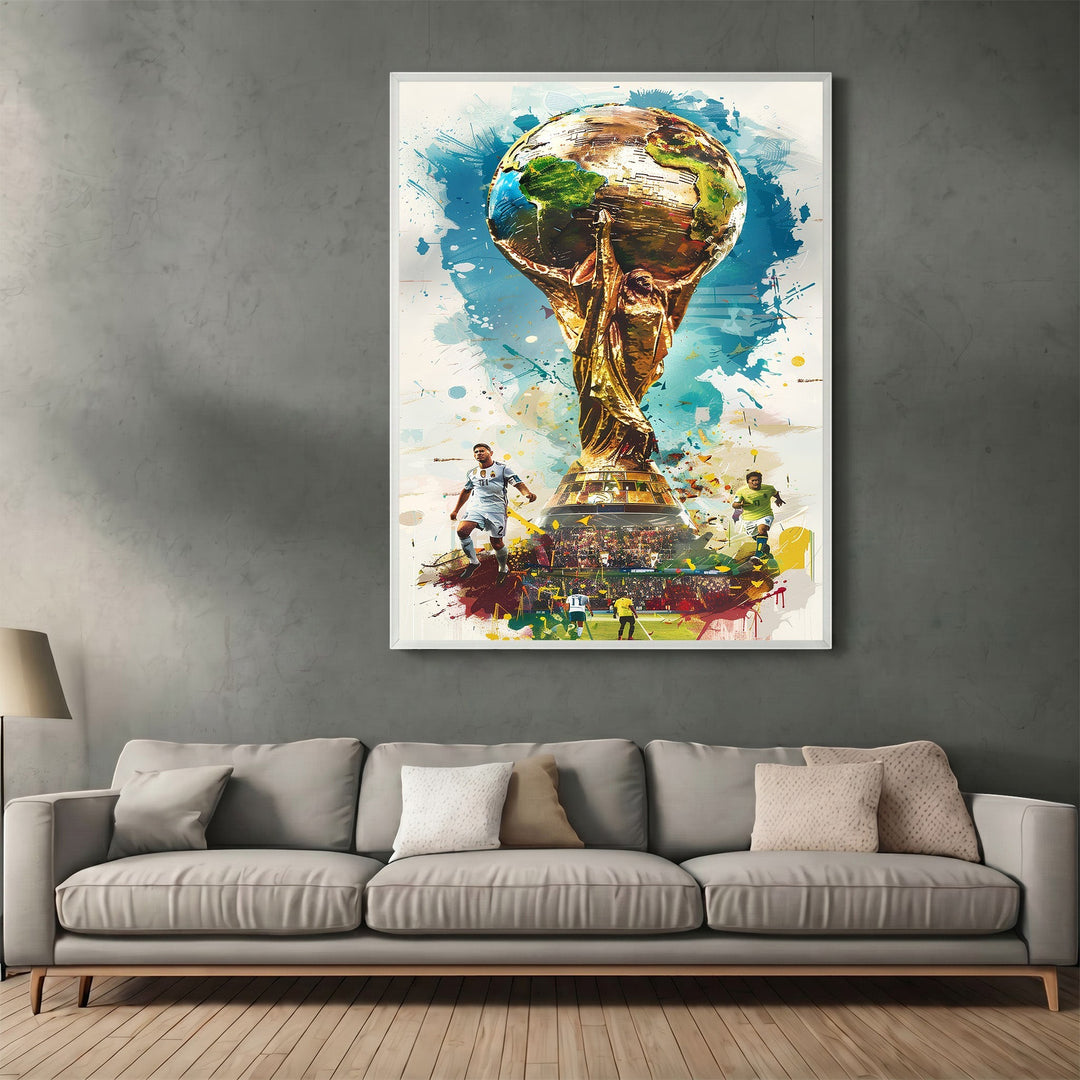 Wadi Home framed wall art featuring a vibrant, artistic golden soccer trophy illustration above a modern grey sofa.