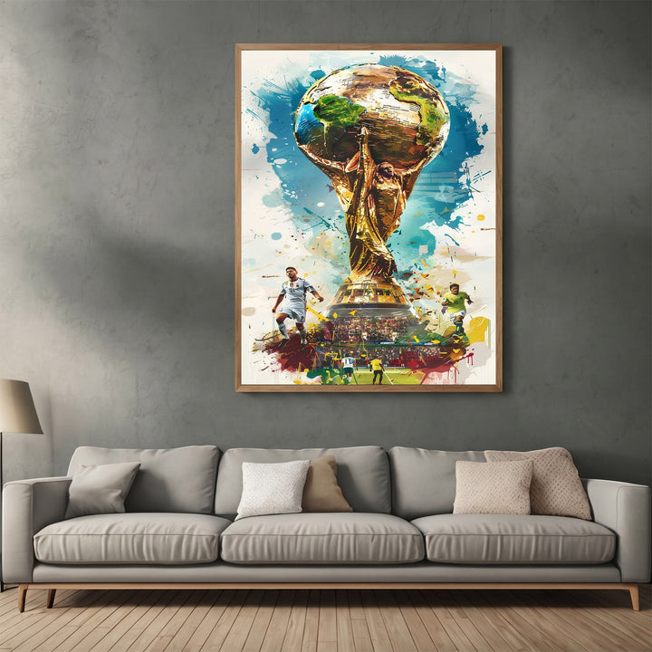 Wadi Home framed wall art featuring a vibrant, artistic golden soccer trophy with players on a splash-style background