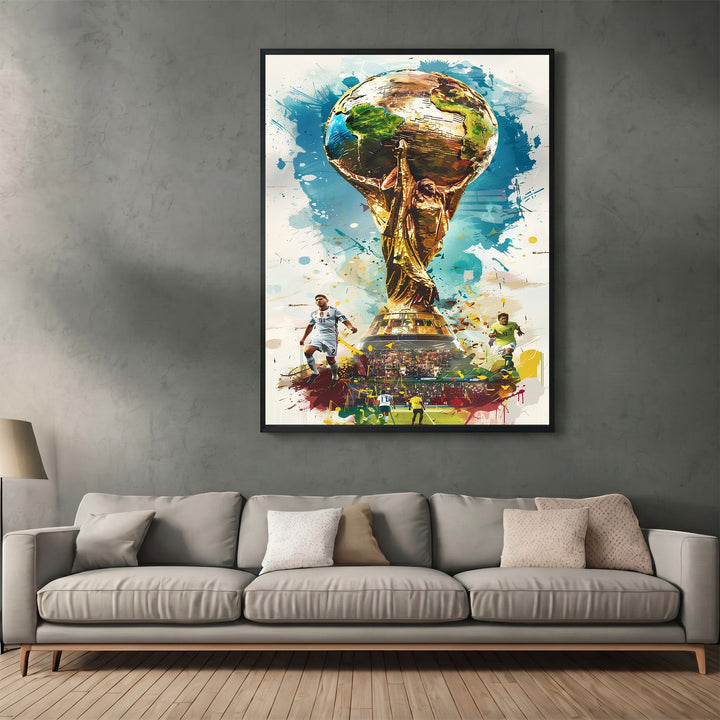Wadi Home framed wall art featuring a golden soccer trophy with splash-style artistic details above a modern sofa.